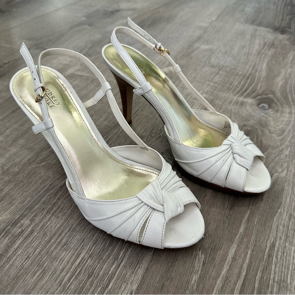 Audrey Brooke White Slingback Heels with Bow